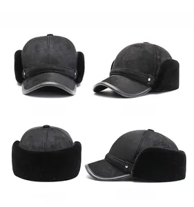 Detail views of winter earflap hat for men in suede fabric with multiple angle shots
