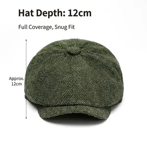 Men's retro olive green herringbone newsboy cap with 12cm deepened crown design
