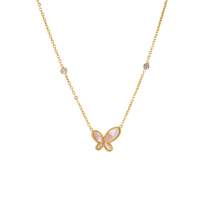 Butterfly Pendant Necklace 18K Gold Plated Stainless Steel Mother Of Artificial Pearl Shell Inlay Zircon Elegant Jewelry For Women