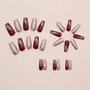 Burgundy cat eye and champagne gold glitter ballerina press-on nails set of 24pcs