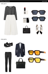 Mode-Lookbook-Detail mit schmalen Sonnenbrillen und Business-Casual-Outfits für alle