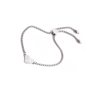Silver stainless steel heart bracelet with box chain and adjustable slide clasp