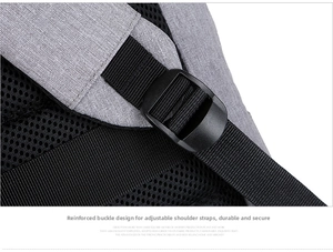Detail of adjustable padded mesh shoulder strap and reinforced buckle on gray backpack