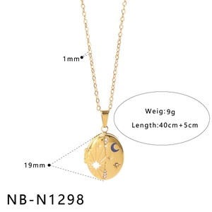Detailed specs of celestial gold locket pendant with 1mm chain and 19mm star moon charm