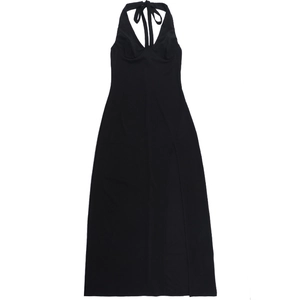 Detail of elegant black bodycon halter maxi dress featuring a high side slit and deep V-neck