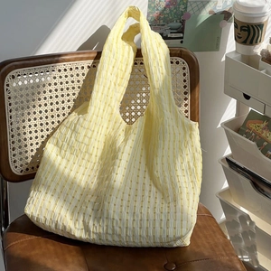 Yellow plaid canvas tote bag, stylish casual shoulder bag for daily use and travel.