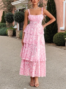 Detail of floral chiffon tiered maxi dress with ruffled bodice and adjustable straps