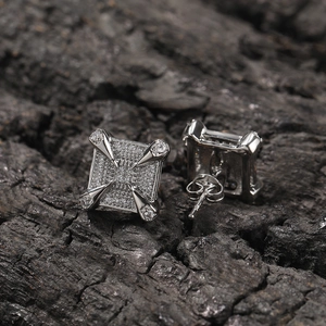Hip hop dragon claw square zircon stud earrings in silver finish with pavé crystal accents