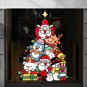 Christmas Window Stickers Static Cling PVC Santa Reindeer Snowman Double Sided Glass Decoration Cartoon Holiday Tree Shape