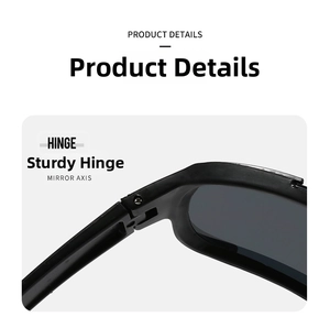 Close-up detail of black sports cycling sunglasses hinge mechanism, durable frame.