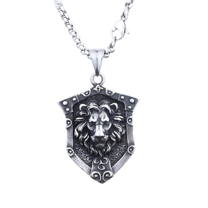 Punk style lion head shield pendant necklace in antique silver stainless steel