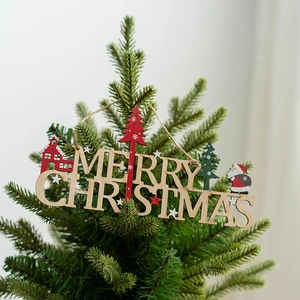 Wooden Merry Christmas hanging ornament with Santa Claus and tree on white background