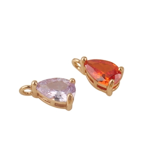 Pair of teardrop zircon pendants in purple and orange with gold plated settings