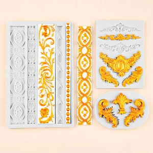Baroque style silicone cake mold set with golden relief floral lace patterns