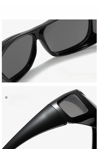 Detail view of integrated nose pads and wide temples on black polarized cycling sunglasses