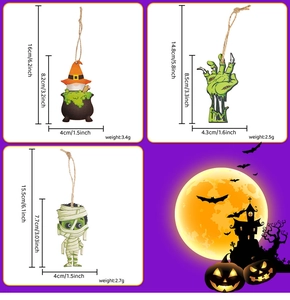 Detailed dimensions for Halloween wooden gnome and mummy hanging ornaments and weights
