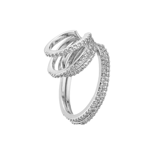 Macro detail of silver multi-layer spiral ring with micro-pave sparkling zircons