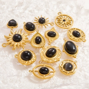 French vintage 18k gold pendants with black obsidian for DIY jewelry making