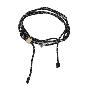 Close-up of black and white woven eyewear chain with gold metal clasp and logo detail