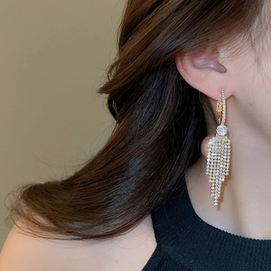 Close-up of sparkling tassel earrings with silver finish and long zircon fringes