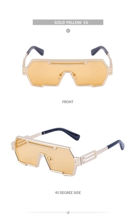 Front and side view of gold irregular steampunk sunglasses with yellow lenses C6