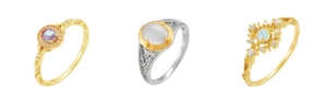 Detailed macro of S925 sterling silver vintage rings with gold plating and gemstones