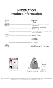 Detailed size specifications for silver rhinestone evening bucket bag with phone comparison