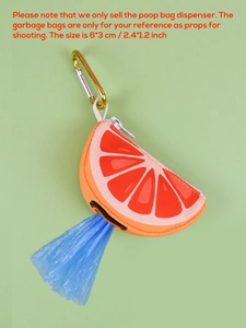 Detail view of grapefruit-shaped pet waste bag dispenser with metal carabiner clip
