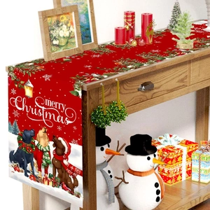 Red Christmas table runner featuring puppies and gifts for festive holiday home decor