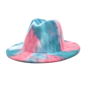 Pink and blue tie-dye wool fedora hat with a flat brim and classic pinched crown design