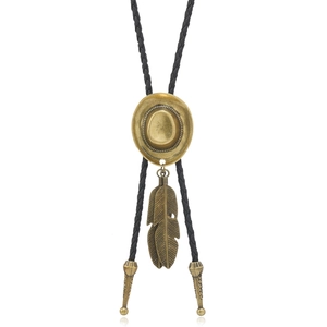 Detail of bronze cowboy hat and feather pendants on black braided leather bolo tie