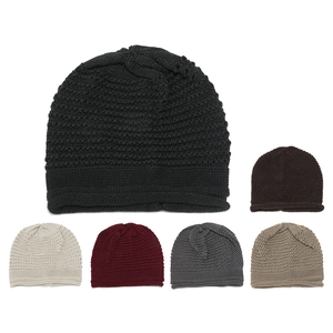 Detailed grid view of winter knitted beanies in six colors including black, burgundy, and grey