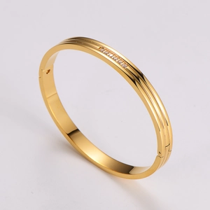 Detail of polished gold stainless steel bangle with six delicate cubic zirconia stones