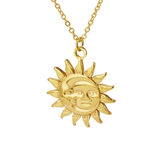 Vintage golden stainless steel necklace with artistic sun and moon fusion pendant