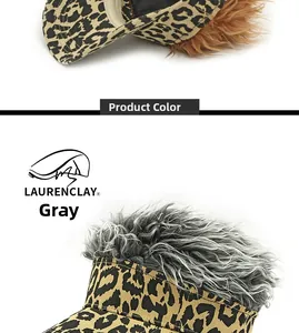 Detail view of leopard print sun visor with funny wig hair in gray and brown colors
