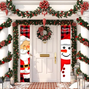 Bannières De Porche De Noël Tissu Oxford Carreaux Buffalo Père Noël Bonhomme De Neige Drapeau Suspendu Décoration Extérieure