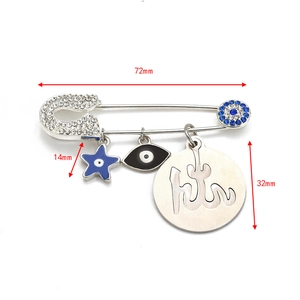 Detailed size view of Evil Eye safety pin brooch with Allah calligraphy and crystals