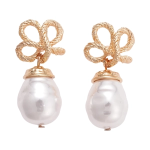 Vintage gold bow earrings with white teardrop pearls in a retro court style design