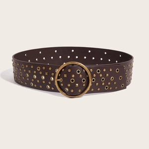 Vintage PU leather belt in dark brown featuring hollow rings and brass studded details