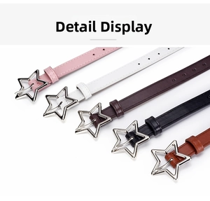 Detail showing five colors of star-shaped buckle belts with star perforations for women