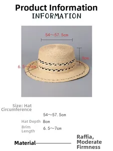 Detail showing dimensions of breathable hollow knit raffia straw hat for outdoor sun protection