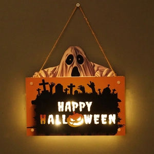 LED Happy Halloween door sign with glowing pumpkin design for spooky party wall decor