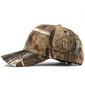 Detailed side view of camouflage baseball cap with realistic forest leaf patterns