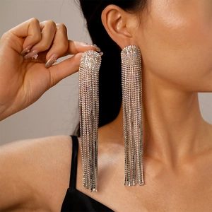 Luxury Long Tassel Rhinestone Copper Earrings With 925 Sterling Silver Earring Post Women Banquet Party Purple Shimmer