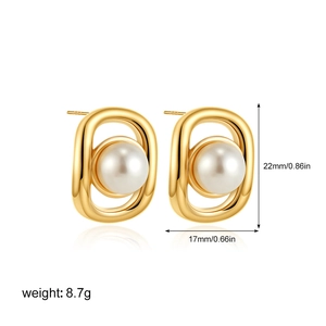 Detailed size view of 18k gold stainless steel earrings with round imitation pearl inlay