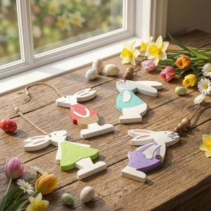 Set of 4 colorful wooden Easter bunny hanging ornaments with beads for festive home decor