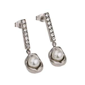 Elegant silver drop earrings with shimmering rhinestones and a lustrous round pearl charm