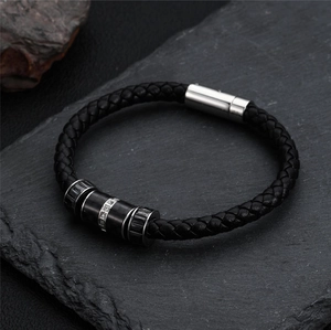 Herren Lederarmband geflochten in Schwarz mit Edelstahl-Elementen und Zirkonia auf Stein