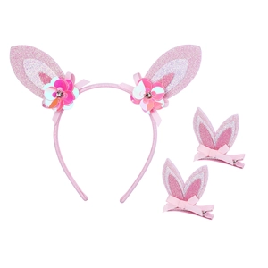 Ensemble serre-tête et pinces à cheveux oreilles de lapin à paillettes roses