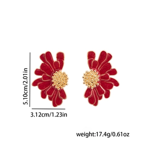 Macro detail of red flower earrings with gold stamens showing size 5.10cm x 3.12cm